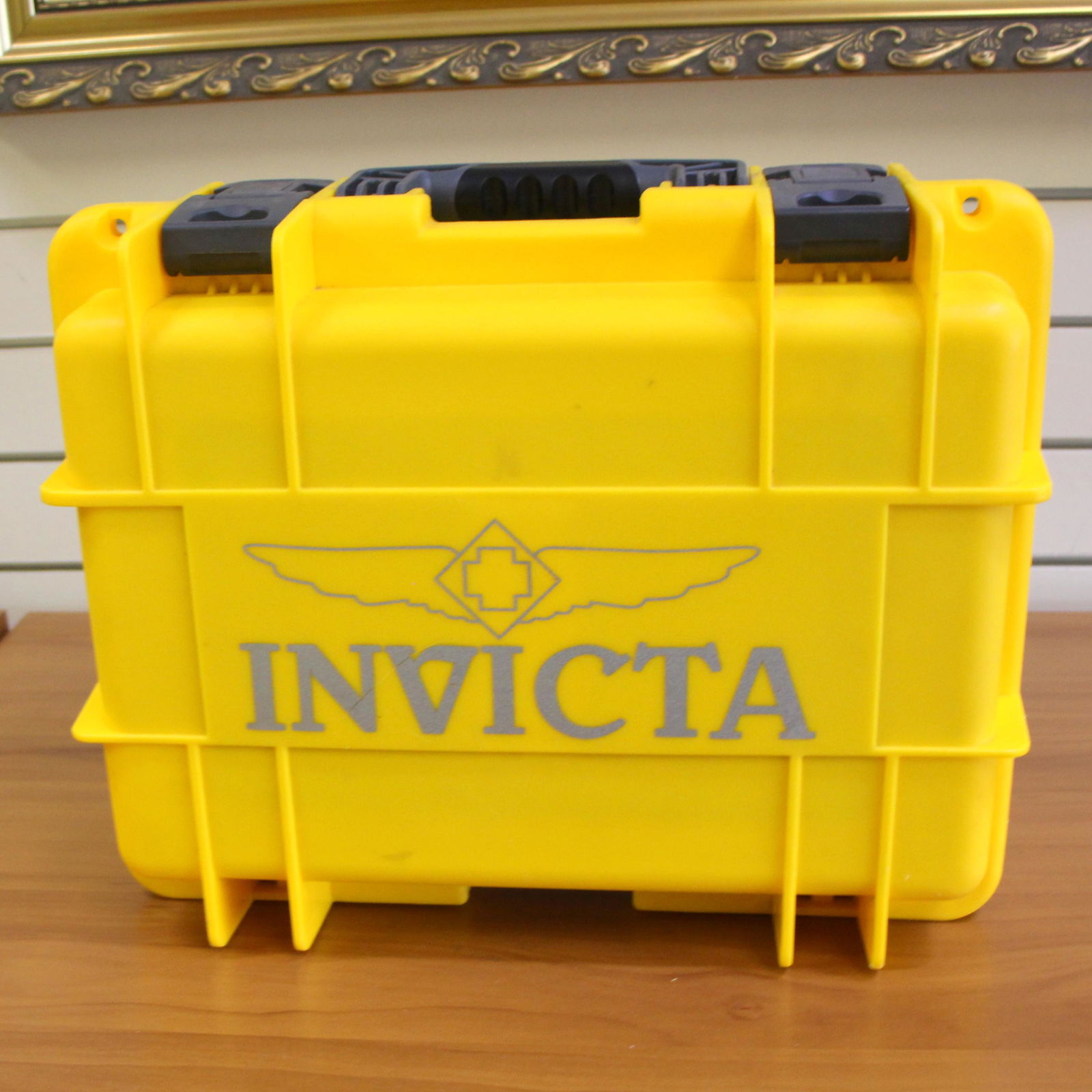 Invicta 8 Slot Yellow Watch Box Case: 15 inches x 12 inches x 7 inches. Holds 8 watches. Suitable for large watches.