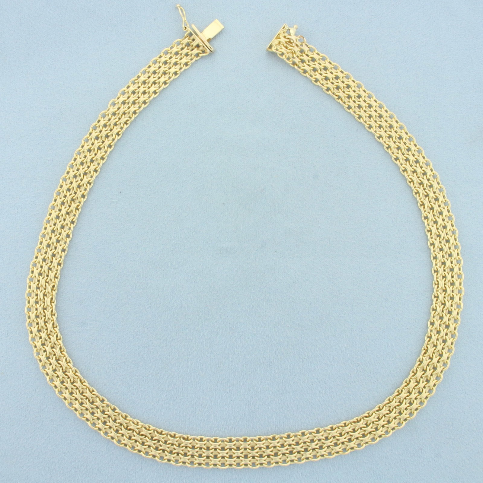 Italian 16 Inch Bismark Mesh Choker Necklace in 14k Yellow Gold: In 14k yellow gold. 16 inches long, 10.3mm wide. Italian made. Concealed Slide in clasp. Safety latch. 17.0g.
