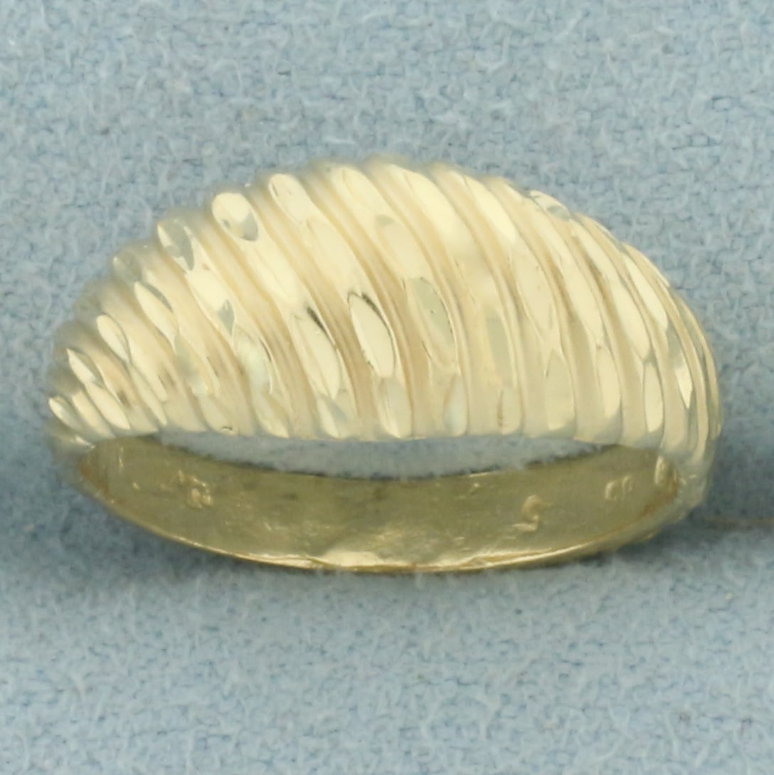 Diamond Cut Shrimp Dome Ring in 14k Yellow gold: In 14k yellow gold. 7.7mm wide at widest point. Diamond cut accent for added sparkle. Size: 4.75. 2.5g.
