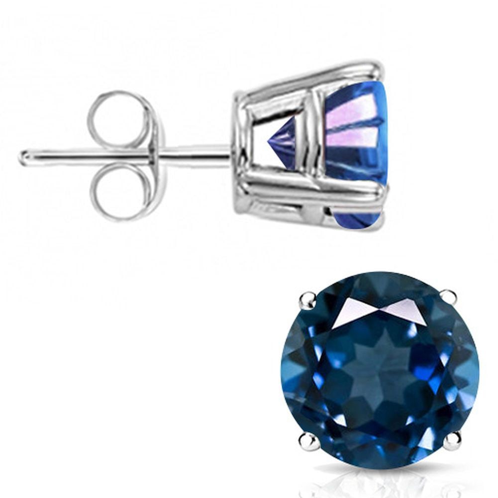 6MM Round Cut London Blue Topaz 2.1CTW Stud Earrings in Sterling Silver: In platinum over .925 sterling silver basket mountings with friction backs included. Contains 2 round cut London blue topaz gemstones with excellent color and clarity, approx. 2.1CTW, 6mm each. 1.5g