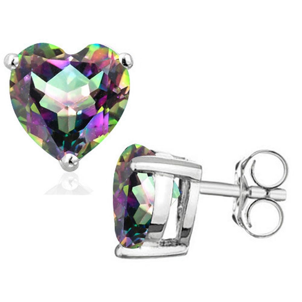 5MM Heart Cut Mystic Topaz 1CTW Stud Earrings in Sterling Silver: In platinum over .925 sterling silver basket mountings with friction backs included. Contains 2 heart cut mystic topaz gemstones with excellent color and clarity,approx. 1CTW, 5mm each. 0.9g