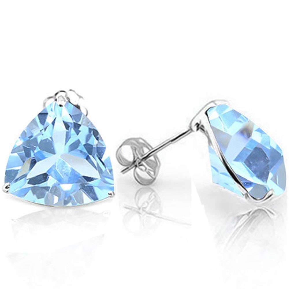 8MM Trillion Cut Sky Blue Topaz 4.2CTW Stud Earrings in Sterling Silver: In platinum over .925 sterling silver basket mountings with friction backs included. Contains 2 trillion cut sky blue topaz gemstones with excellent color and clarity,approx. 4.2CTW, 8mm each. 2.0g