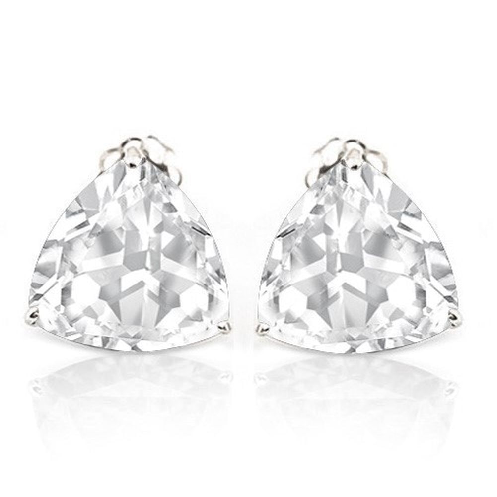 5MM Trillion Cut White Topaz 1.2CTW Stud Earrings in Sterling Silver: In platinum over .925 sterling silver basket mountings with friction backs included. Contains 2 trillion cut white topaz gemstones with bright white color and excellent clarity,approx. 1.2CTW, 5mm eac