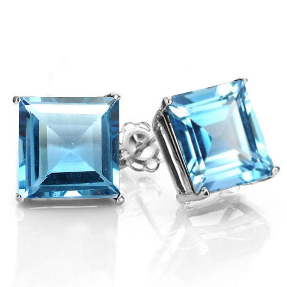 8MM Square Cut Sky Blue Topaz 5.2CTW Stud Earrings in Sterling Silver: In platinum over .925 sterling silver basket mountings with friction backs included. Contains 2 square cut sky blue topaz gemstones with excellent and clarity,approx. 5.2CTW, 8mm each. 2.7g