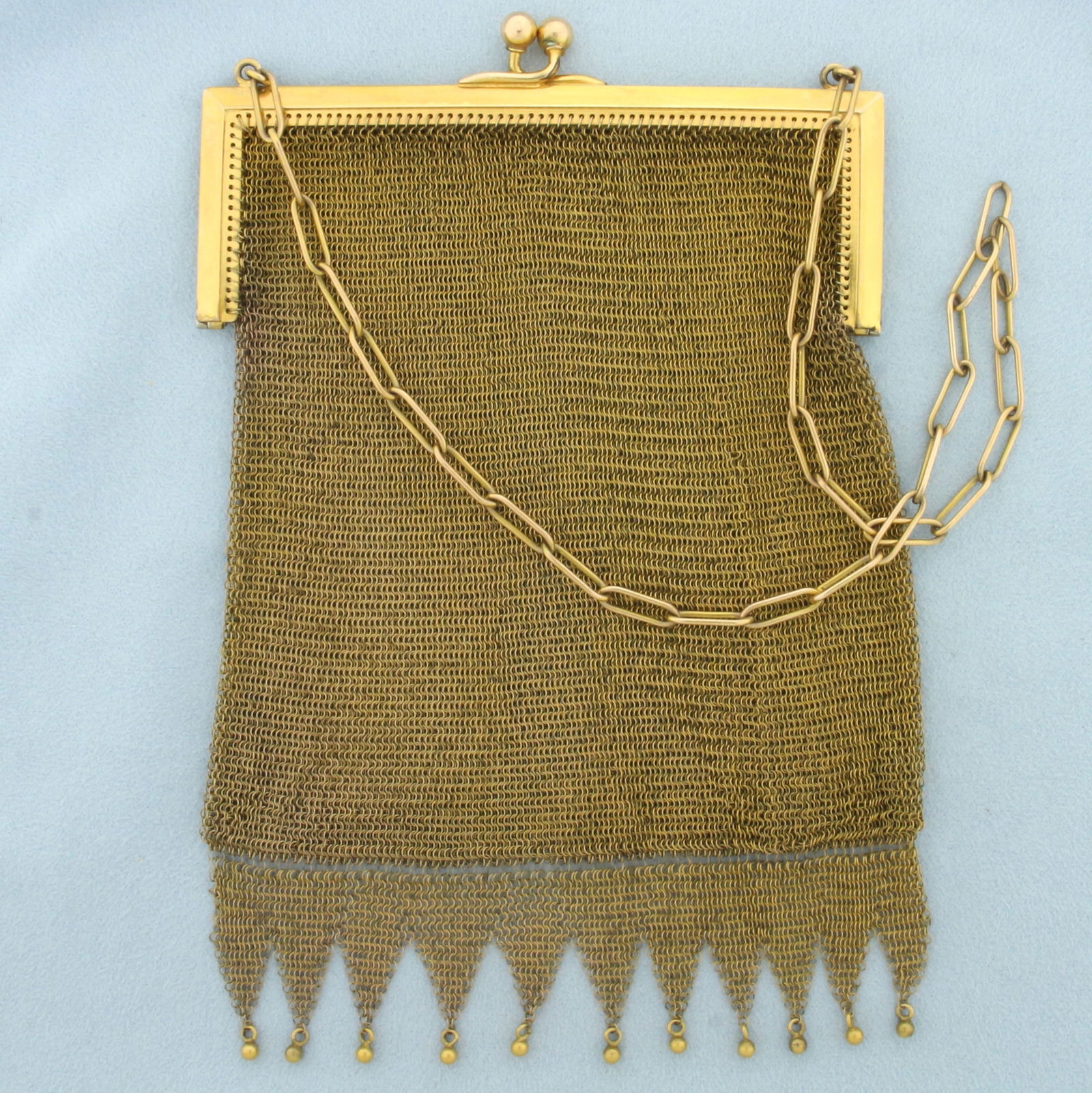 Antique Gold Filled Mesh Purse: Marked "1/10 Gold", engraved. 6 inches long x 4 inches wide (frame), 6.5 inch strap drop. Excellent condition for age.