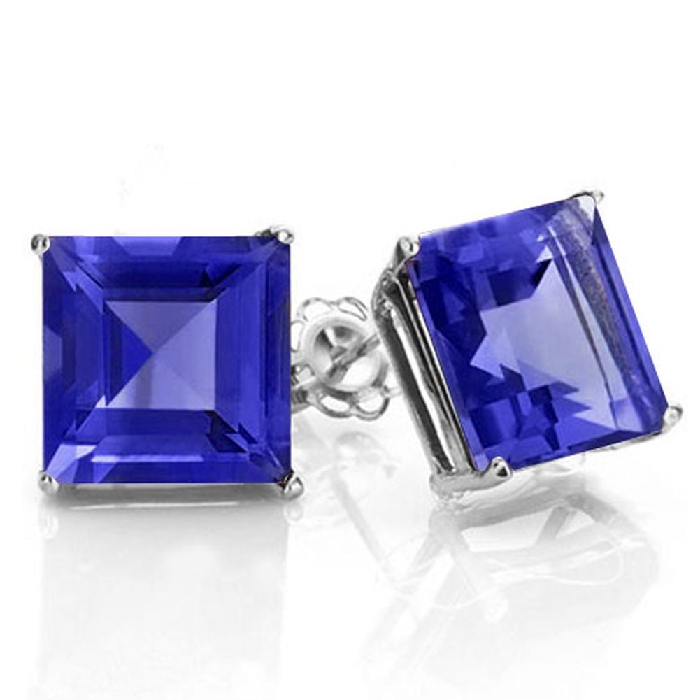 8MM Square Cut Lab Tanzanite 5.2CTW Stud Earrings in Sterling Silver: In platinum over .925 sterling silver basket mountings with friction backs included. Contains 2 square cut lab tanzanite gemstones with excellent and clarity,approx. 5.2CTW, 8mm each. 3.2g