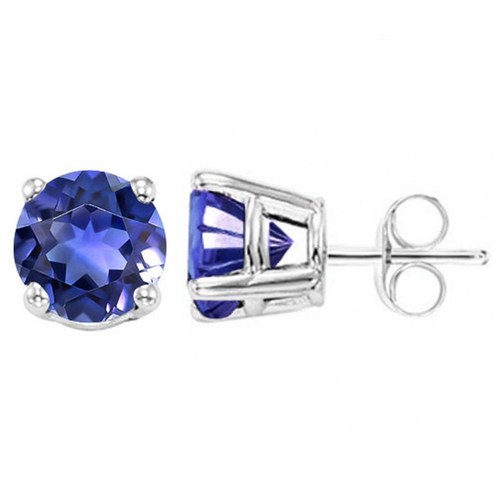 5MM Round Cut Lab Tanzanite 1.2CTW Stud Earrings in Sterling Silver: In platinum over .925 sterling silver basket mountings with friction backs included. Contains 2 round cut lab tanzanite gemstones with excellent color and clarity, approx. 1.2CTW, 5mm each. 1.1g