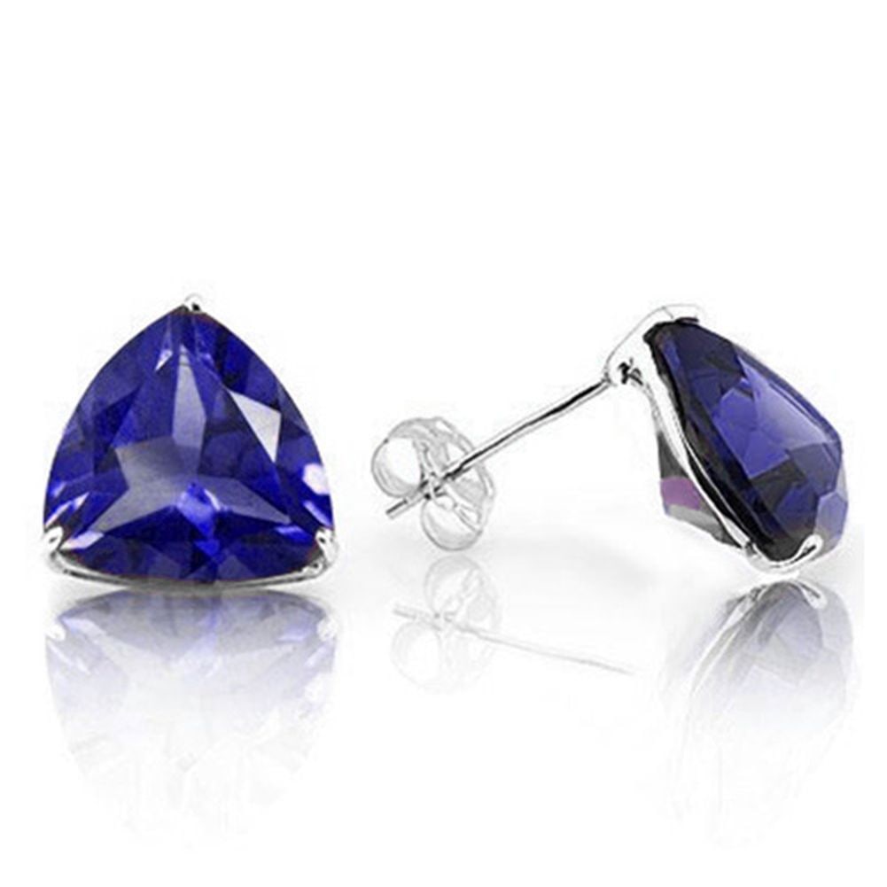 5MM Trillion Cut Lab Tanzanite 1.2CTW Stud Earrings in Sterling Silver: In platinum over .925 sterling silver basket mountings with friction backs included. Contains 2 trillion cut lab tanzanite gemstones with excellent blue purple color and excellent clarity, approx. 1.2