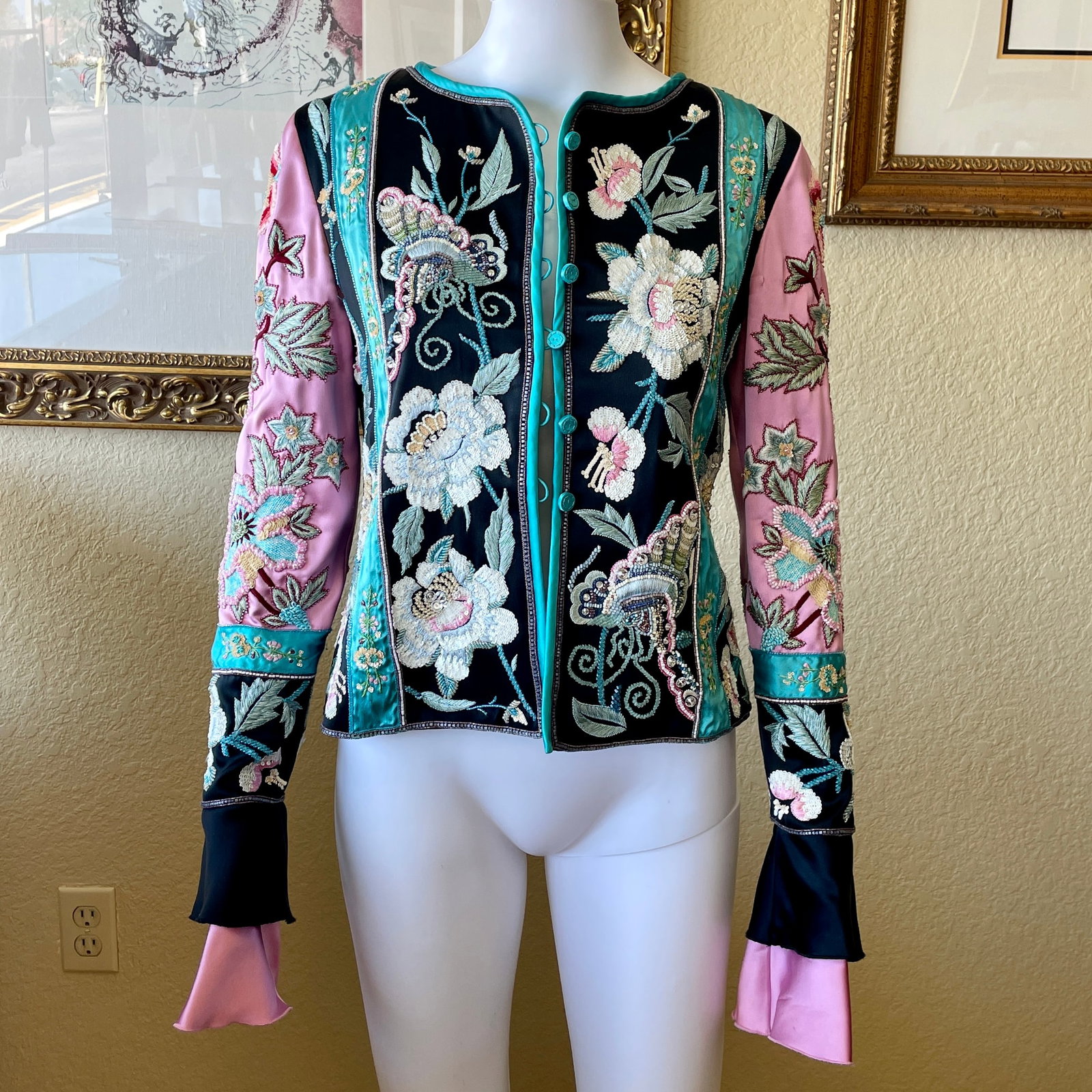 Valentino S/S 2006 Runway Silk Embroidered Beaded Jacket 8: Valentino Spring 2006 runway look #52. 100% silk and fully beaded and embroidered. Main colors are pink, aqua/blue, and black. Button closure and silk lining. In great condition with minor imperfectio