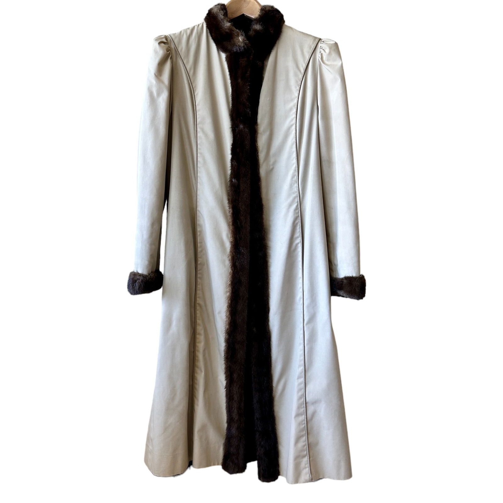 Vintage Mink Fur Lined Beige Trench Coat Small: Originally purchased at Holt Renfrew in Canada. Size small. Great vintage condition with imperfections. Includes zippered protective cover. Freshly cleaned and conditioned at couture specialty fur dry
