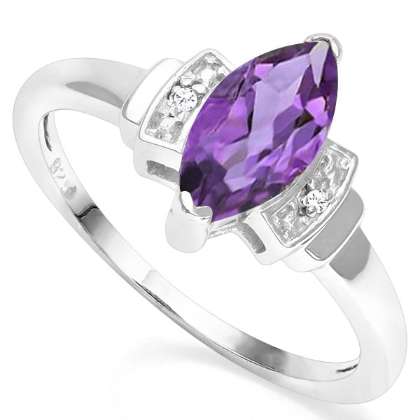 1CT Marquise Amethyst and Diamond Ring in Sterling Silver: Marquise cut amethyst gemstone ring, 1.00ct, light purple/violet color. Accented with .01ctw genuine diamonds, size 8. 2.9g