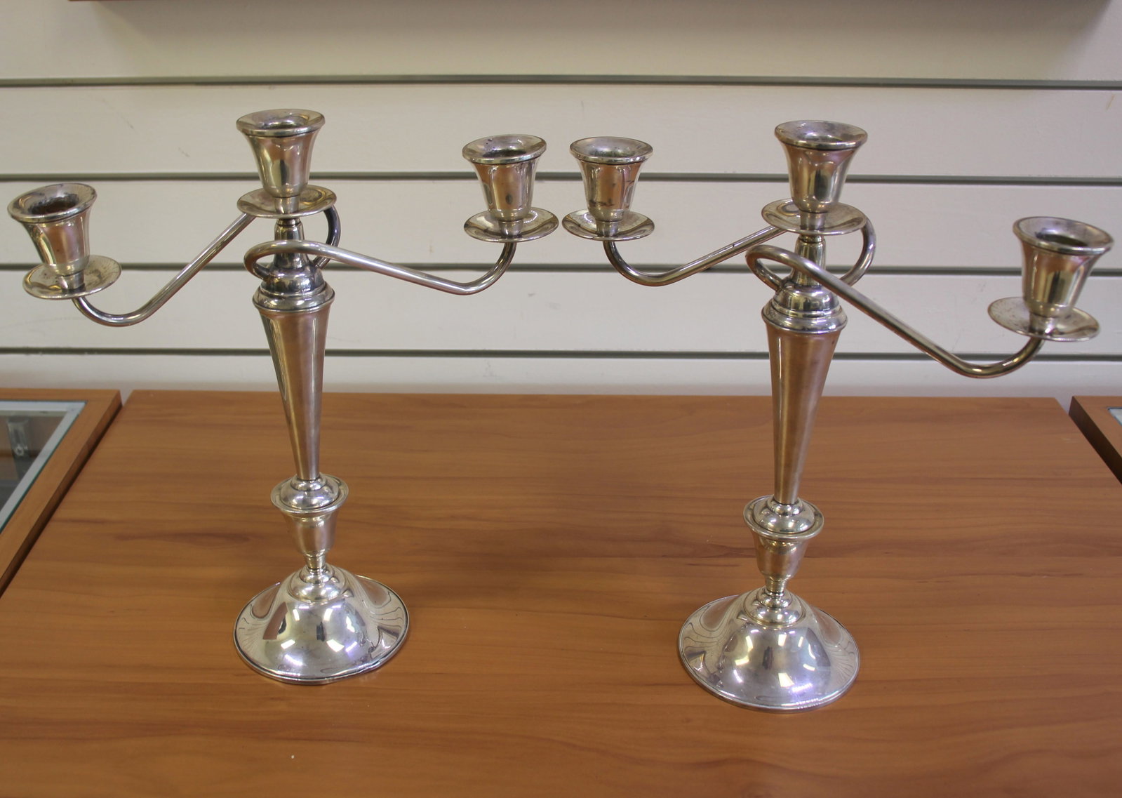 International Sterling Silver Convertible 3 Light Candelabra Candlesticks Set of 2: In .925 Sterling Silver, Weighted reinforced. Can be used as short, medium, or high height 3 light candelabras. Good vintage condition. Approx. 4 1/8inch diameter(base) , 12 1/4 inch high (as tall can