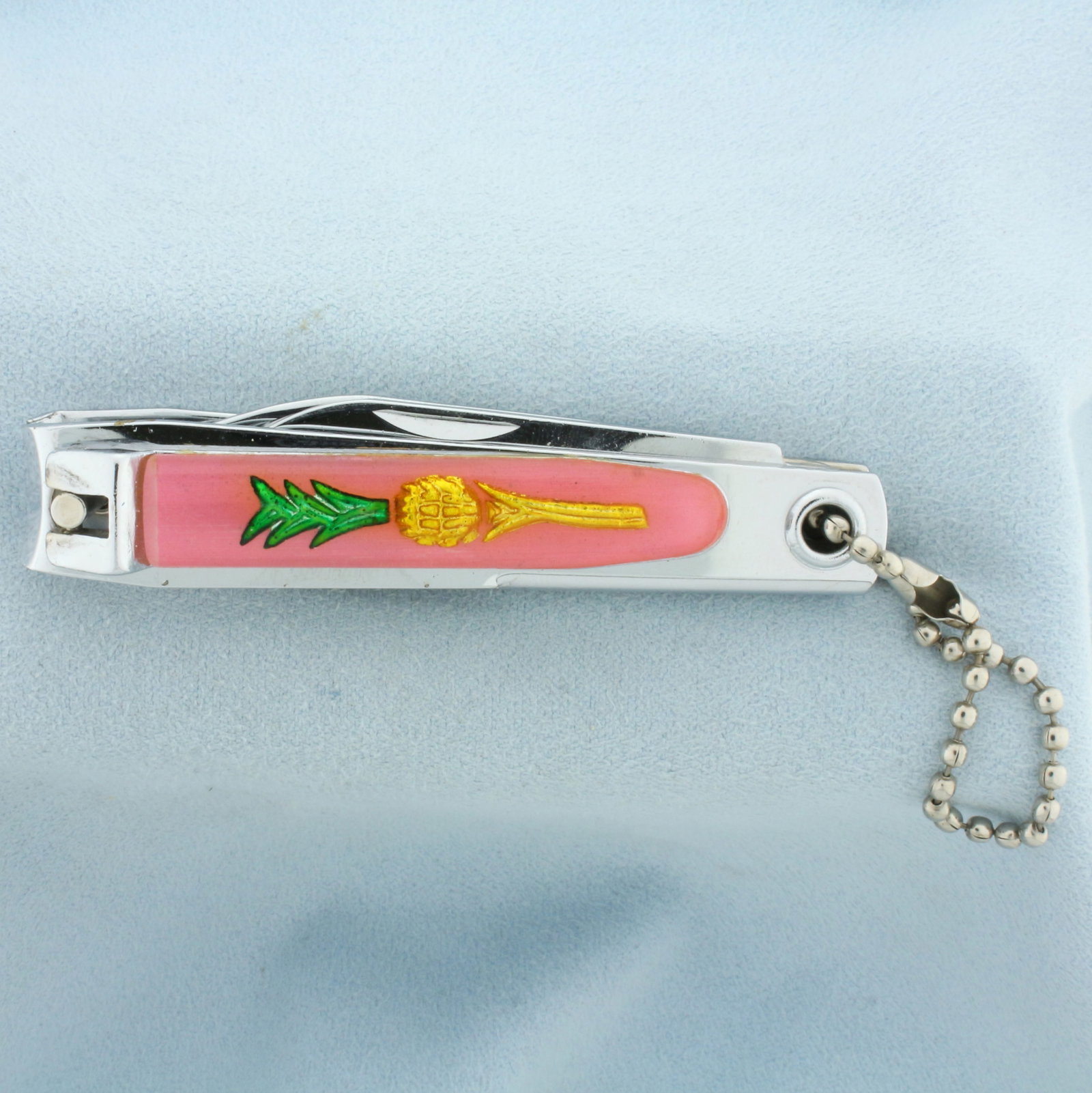 Vintage Enameled Twin Bladed Nail Clipper #6246: Nail file, knife, key chain, and bottle opener. Pineapple motif. In original box. Excellent condition. Made in Korea. #6246