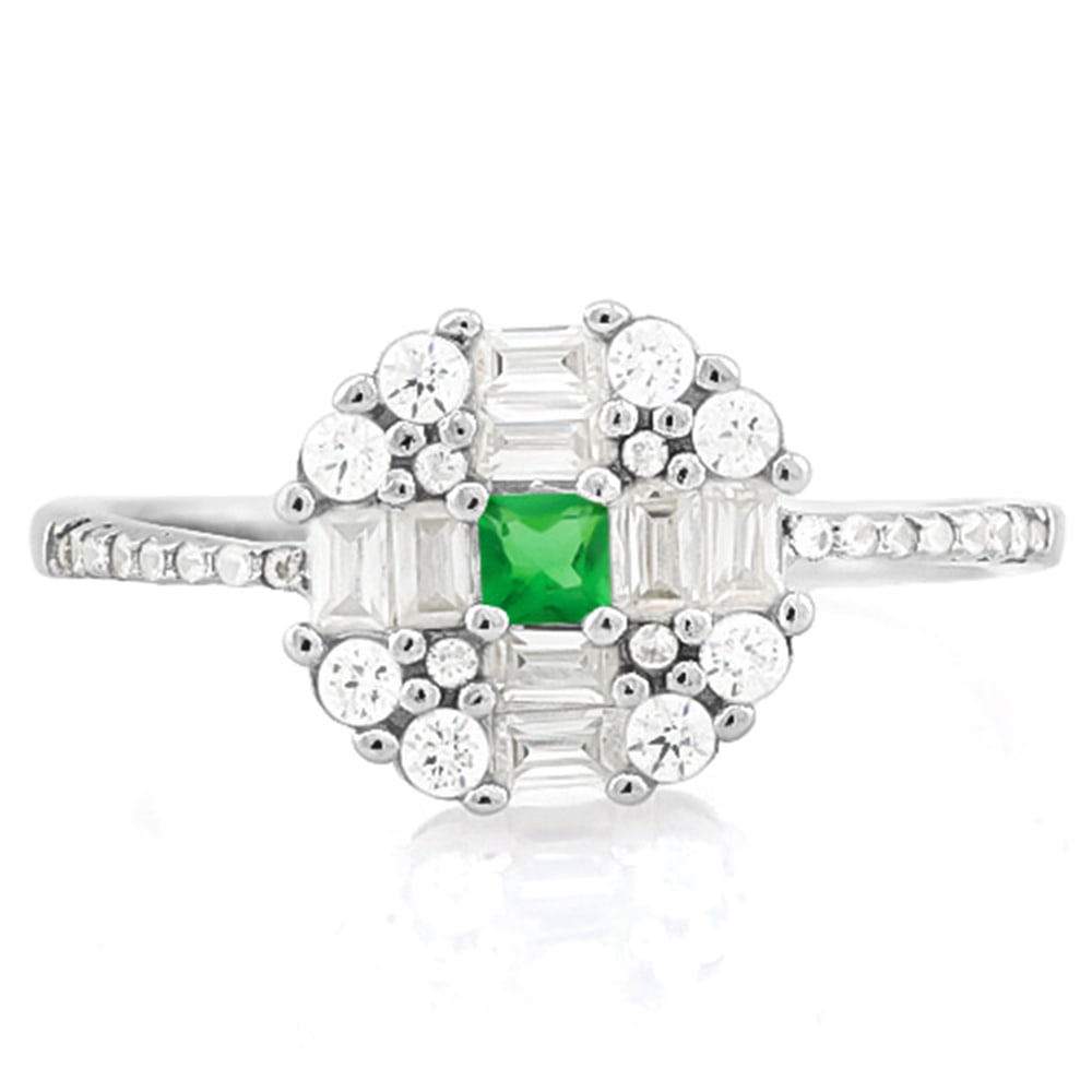 Lab Emerald & White Sapphire Target Halo Ring in Platinum over Sterling Silver: In platinum over sterling silver. Contains one square step cut lab emerald with excellent color and clarity, 2.5mm, accented with 8 baguette and 26 round white sapphires (1.76ctw). Size 6. 2.1g