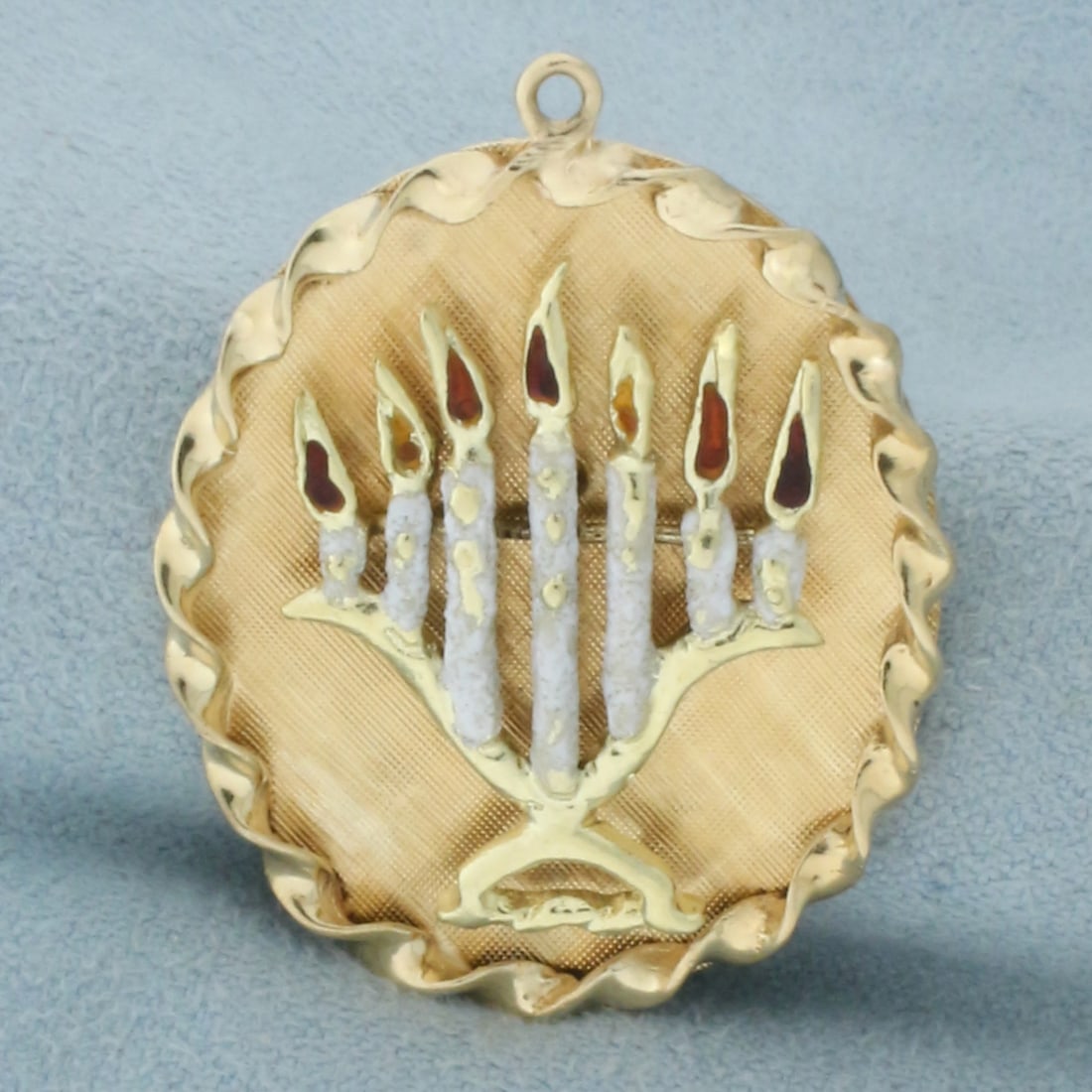 Vintage Enameled 7 Branch Menorah Pendant or Charm in 14k Yellow Gold: In 14k yellow gold. 1 3/8 inches long and 1 inch wide. 7.2g.