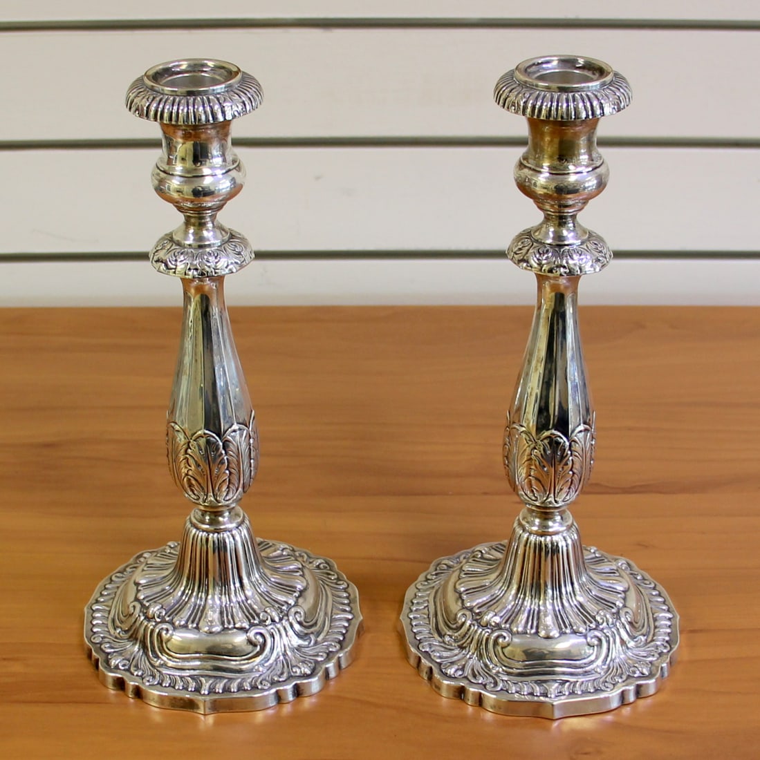 Large Fisher Silversmiths "Victoria" Sterling Silver Candlesticks Set of 2: .925 Sterling silver (weighted). 5 3/8 inch diameter at base, 10.5 inches high. Great condition. Comes with anti tarnish storage covers. 2,185.9g.