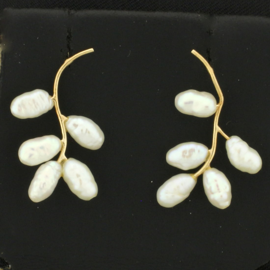 Baroque Pearl Leaf Design Drop Earrings in 14k Yellow Gold: In 14k yellow gold. Contains 10 high quality baroque freshwater pearls, 6mm to 7mm long each. 1 inch long x 5/8 inches wide overall. Friction backs. 1.8g.