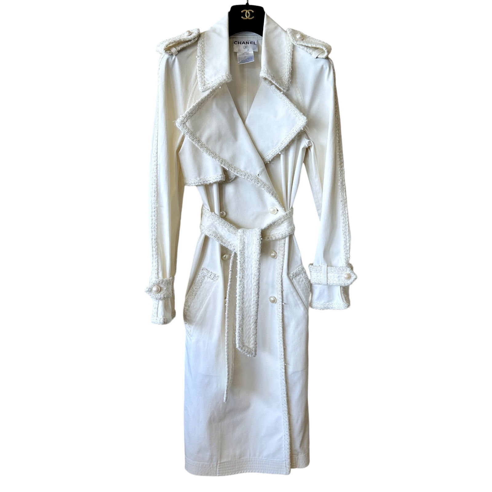 Chanel Sequin Metallic Tweed Lined White Trench Coat Spring 2004 36: One of the most beautiful jackets from Chanel in their classic tweed edged style. Size 36. Iconic trench by Karl Lagerfeld. P23284V14100, AK836. 95% cotton, 5% spandex. Hand embellished sequin & metal