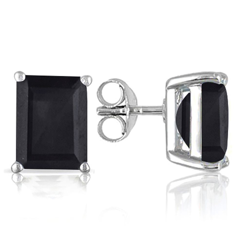 6X4MM Emerald Cut Midnight Sapphire 1.3CTW Stud Earrings in Sterling Silver: In platinum over .925 sterling silver basket mountings with friction backs included. Contains 2 emerald cut midnight sapphire gemstones with deep, dark color and clarity, approx.1.3CTW, 6x4mm each. 1.