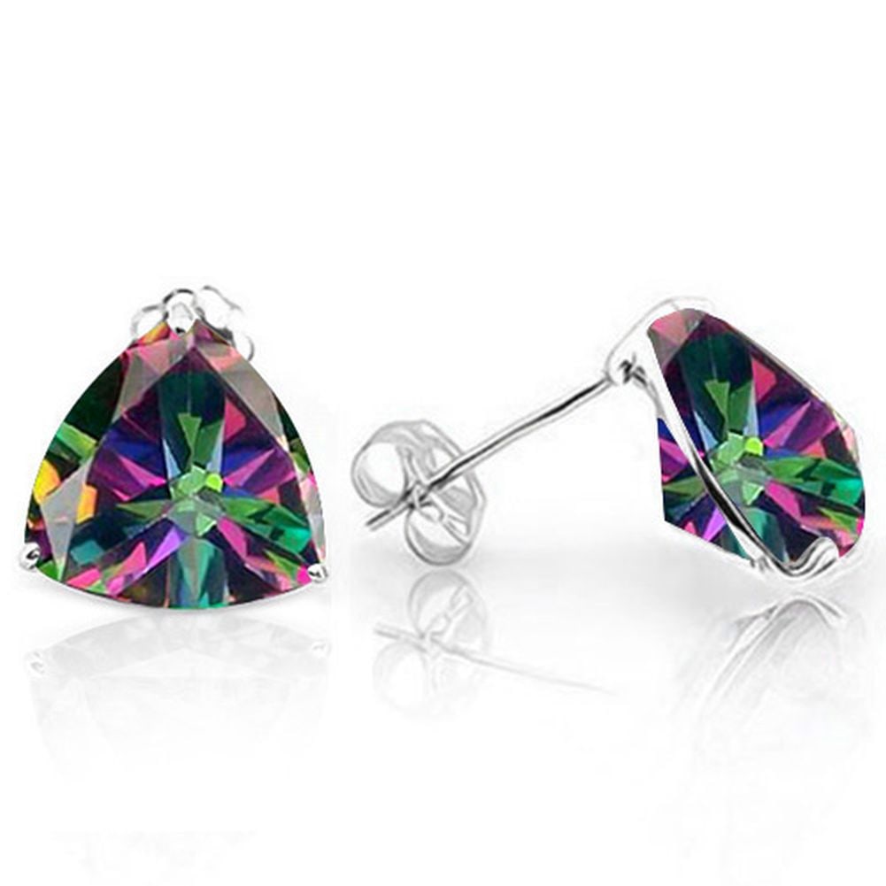 6MM Trillion Cut Mystic Topaz 2CTW Stud Earrings in Sterling Silver: In platinum over .925 sterling silver basket mountings with friction backs included. Contains 2 trillion cut mystic topaz gemstones with excellent color and clarity,approx. 2CTW, 6mm each. 1.2g