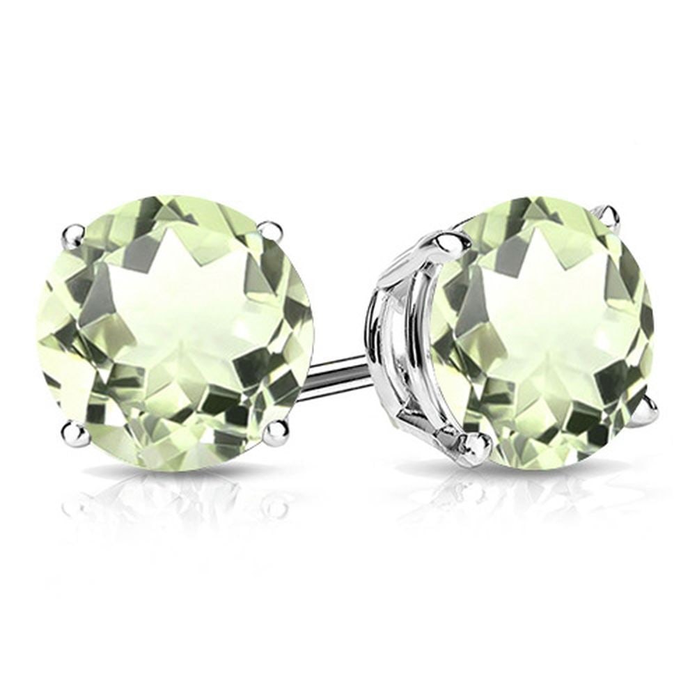 8MM Round Cut Green Amethyst 3.75CTW Stud Earrings in Sterling Silver: In platinum over .925 sterling silver basket mountings with friction backs included. Contains 2 round cut green amethyst gemstones with beautiful pale green color, approx. 3.75CTW, 8mm each. 2.3g