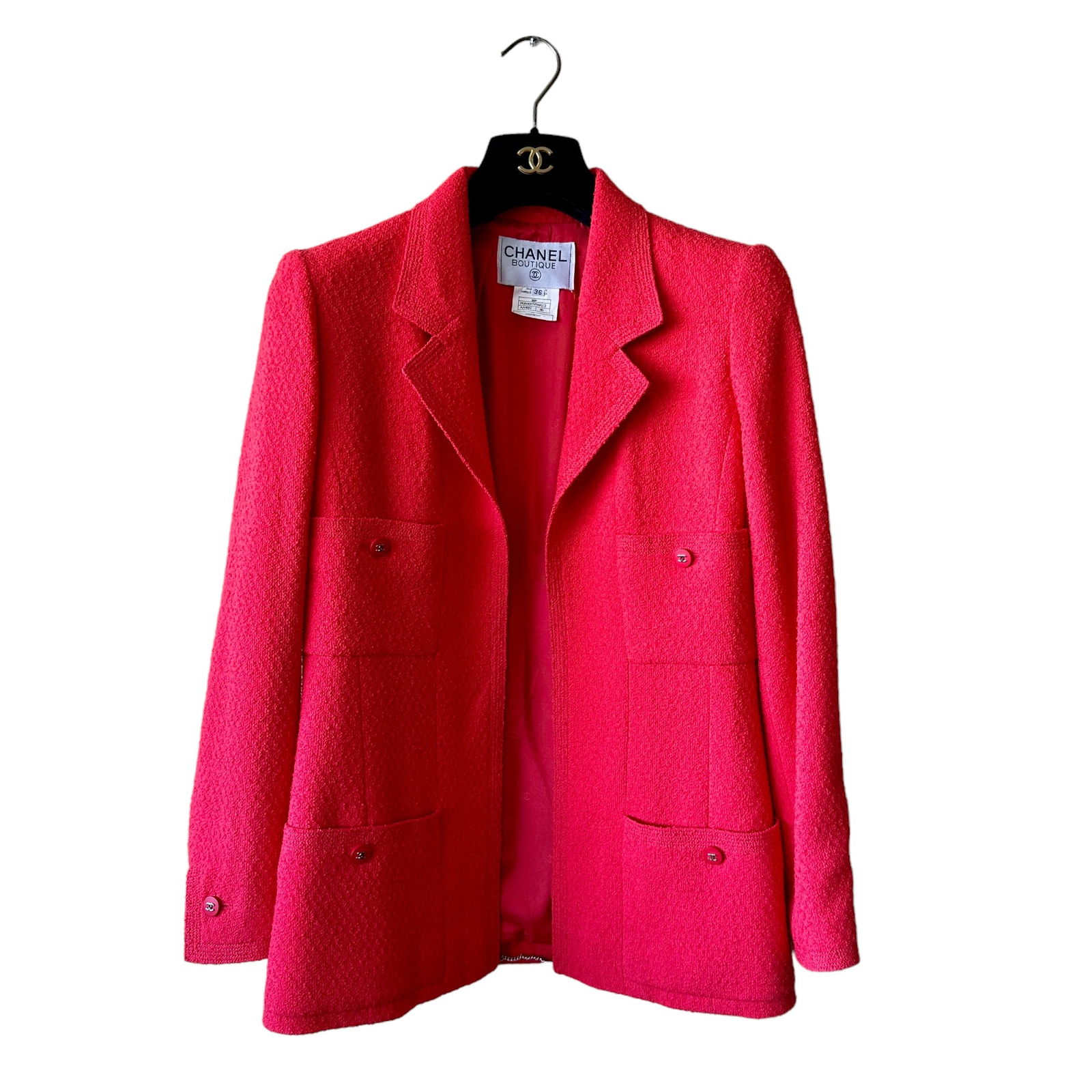 Chanel Red CC Logo Classic Boucle Tweed Jacket Blazer 36: From 96P. P06400V04612, AA492, size 36. 100% wool with 100% CC logo design lining. Iconic CC silvertone logo tonal red buttons and chain hardware at bottom. Excellent vintage condition with minor impe