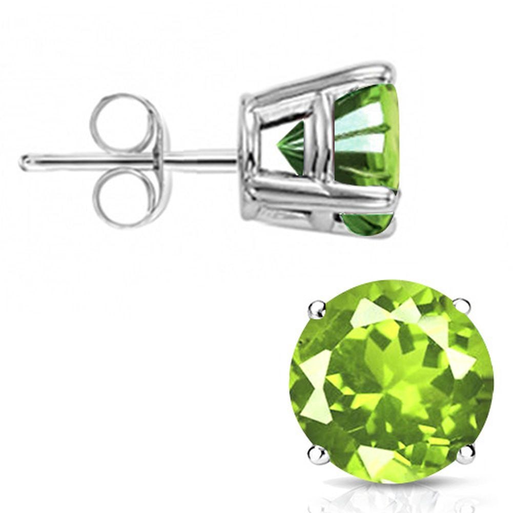 6MM Round Cut Peridot 1.85CTW Stud Earrings in Sterling Silver: In platinum over .925 sterling silver basket mountings with friction backs included. Contains 2 round cut peridot gemstones with excellent grassy green color, approx. 1.85CTW, 6mm each. 1.4g