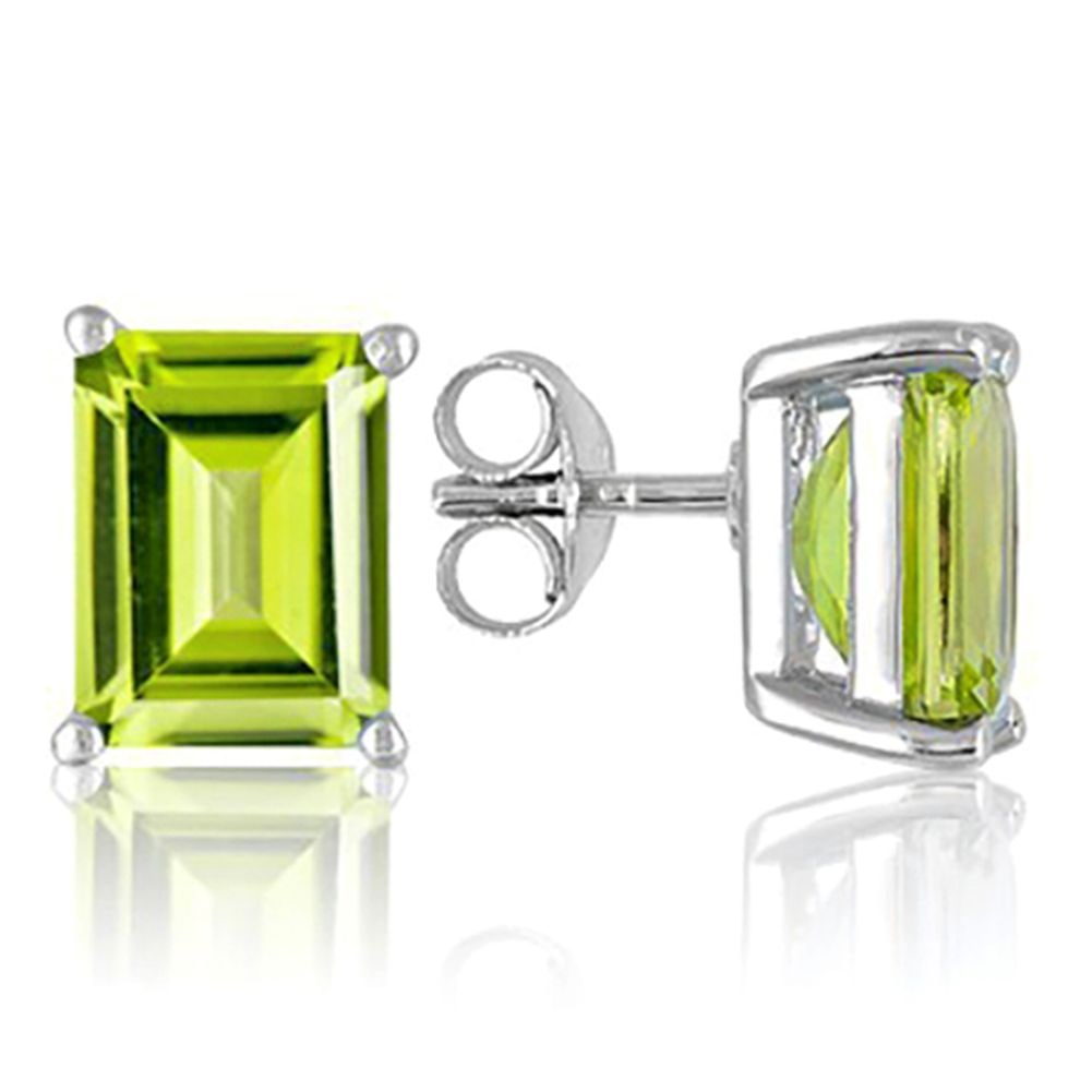 6X4MM Emerald Cut Peridot 1.2CTW Stud Earrings in Sterling Silver: In platinum over .925 sterling silver basket mountings with friction backs included. Contains 2 emerald cut peridot gemstones with grassy green color and clarity, approx. 1.2CTW, 6x4mm each. 1.0g