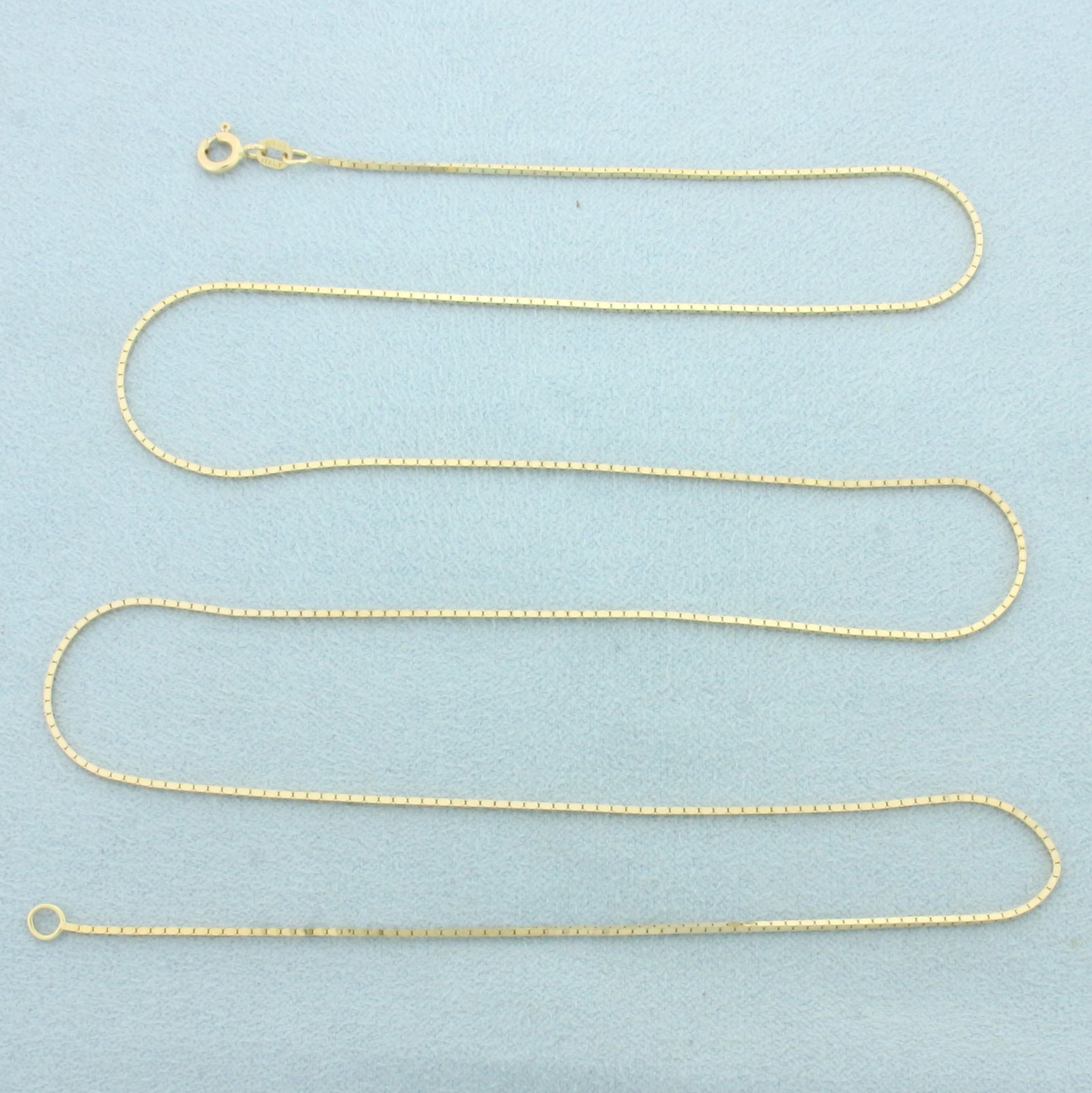 Italian 24 inch Venetian Box Link Chain Necklace in 14k Yellow Gold: In 14k yellow gold. Italian made. 24 inches long and 1mm wide. Spring ring clasp. 3.8g.