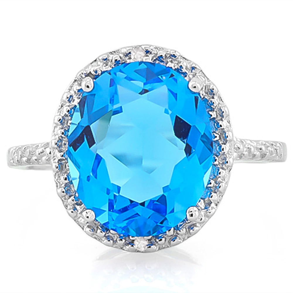 Huge 5CT Lab Swiss Blue Topaz and Diamond Halo Ring in Platinum over Sterling Silver: In platinum over sterling silver. Contains one lab Swiss Blue topaz, 5 carats, with excellent color and clarity. Accented with 2 genuine diamonds, .01ctw. Size 7. 3.2g