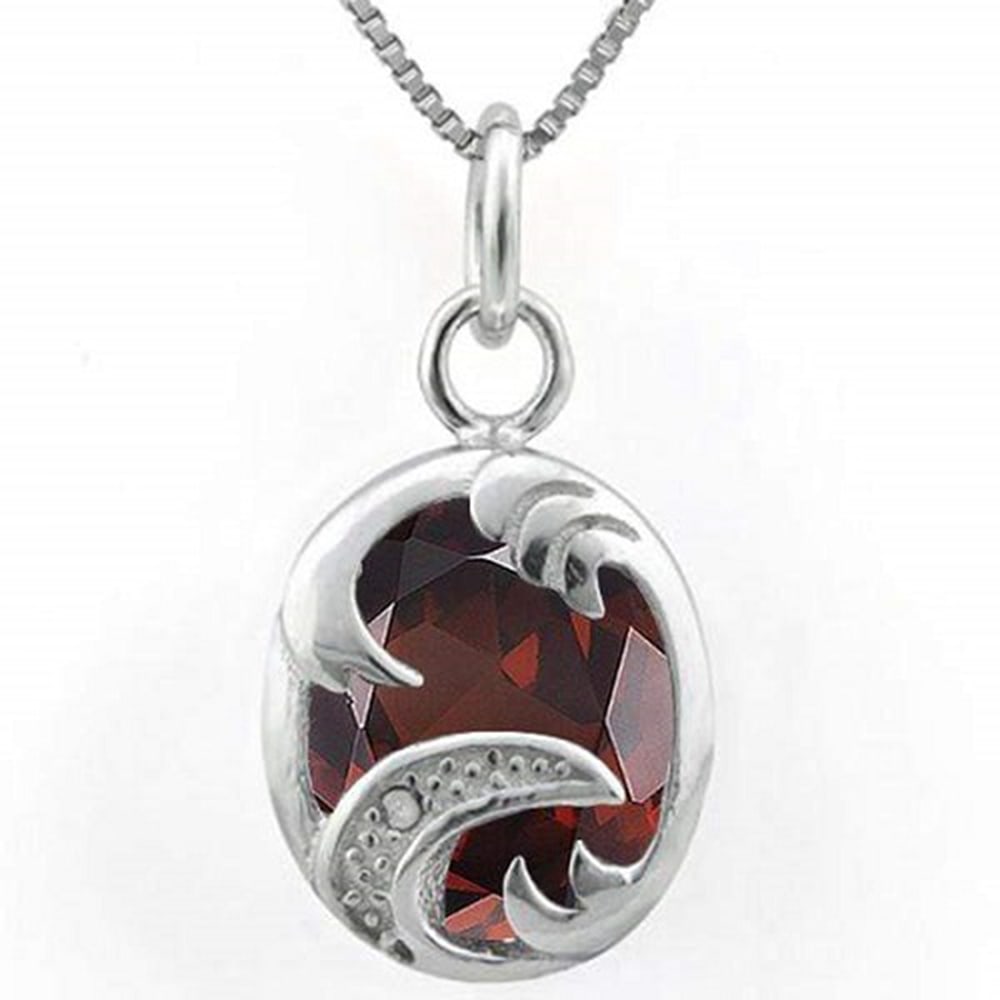 4CT Garnet & Diamond Oval Wave Pendant on Chain in Platinum over Sterling Silver: In platinum over sterling silver. Contains one oval cut Garnet gemstone accented with one .005ct genuine diamond. Pendant hangs on 18" sterling silver chain link pendant chain with spring clasp. 3.0g