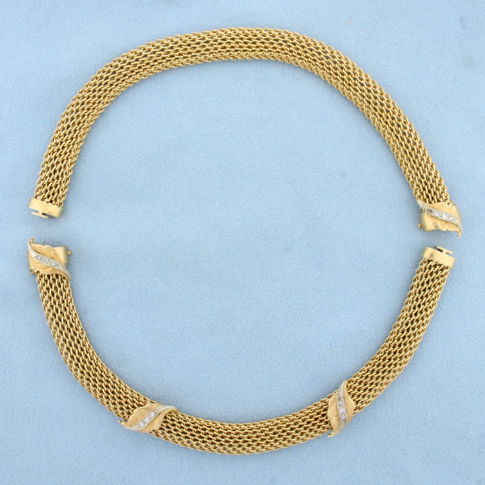 Designer Combination Diamond Choker Necklace Double Bracelet Set in 14k Yellow Gold: In 14K Yellow Gold. Contains two 7 1/2 inch bracelets that form seamlessly into a 15 inch choker necklace. Unique mesh design is very comfortable to wear. Contains twelve .02 ct diamonds, H color/SI c