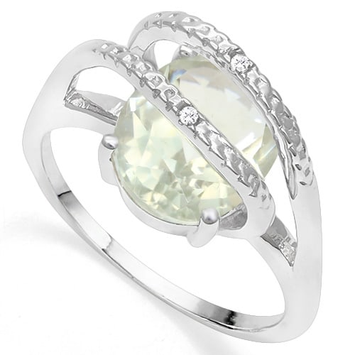 3D Green Amethyst Diamond Statement Ring in Sterling Silver: In platinum over sterling silver. Contains one 9x11mm oval cut green amethyst with excellent clarity and light green color. Accented by 2 diamonds, .01ctw. Size 6. 3.9g