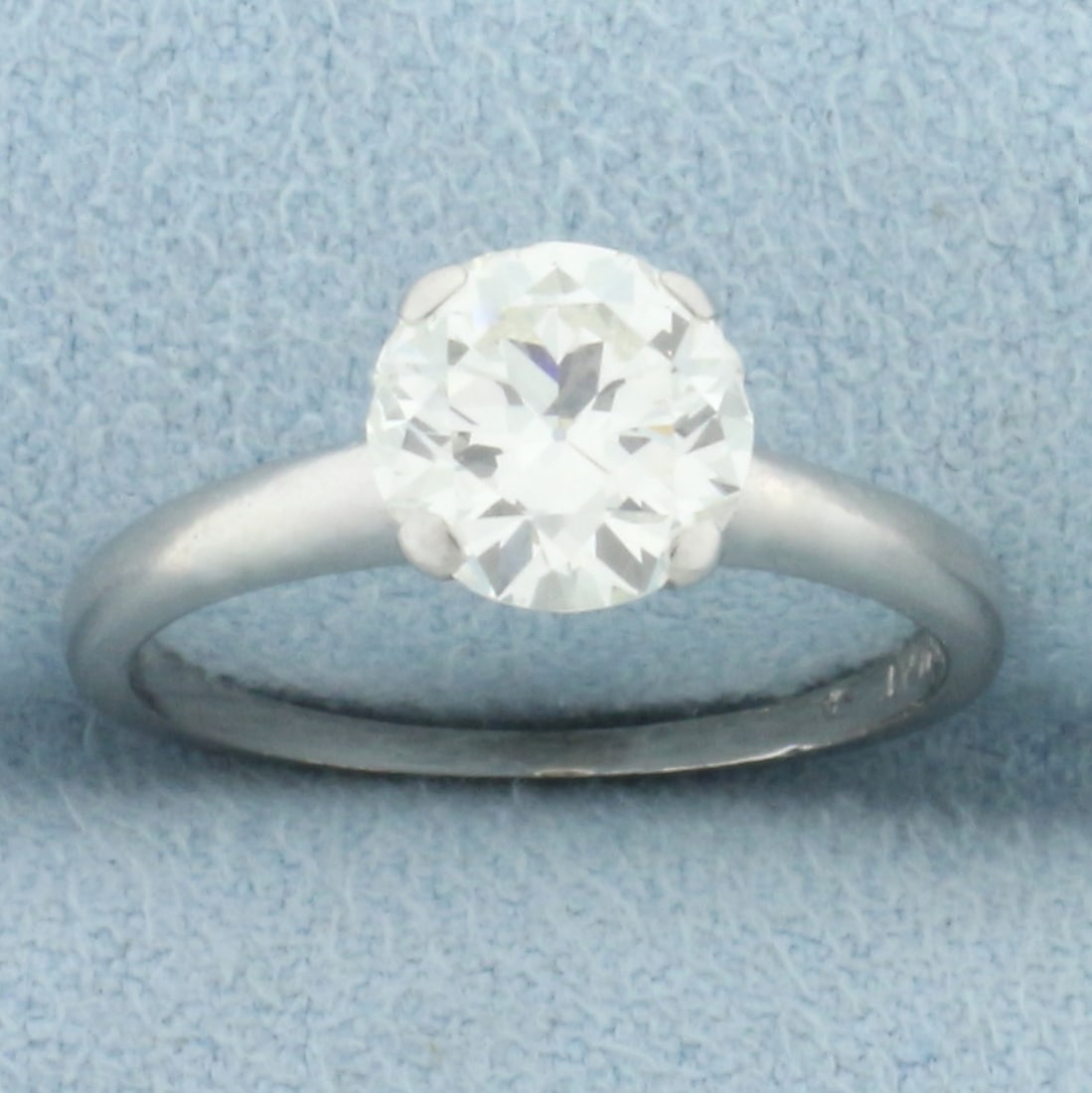 Antique 1.5ct Old European Cut Diamond Solitaire Engagement Ring in Platinum: In Platinum. Contains one high quality old European cut diamond, 7.3mm in diameter, 1.5ct, VS1 clarity/J color. Some very small chips on girdle, indicative of age. Size: 5.5. 3.3g.