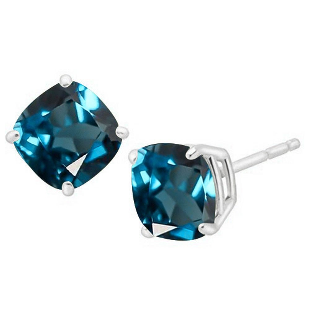 5MM Cushion Cut London Blue Topaz 1.35CTW Stud Earrings in Sterling Silver: In platinum over .925 sterling silver basket mountings with friction backs included. Contains 2 cushion cut light London blue topaz gemstones with excellent color and clarity, approx. 1.35CTW, 5mm eac