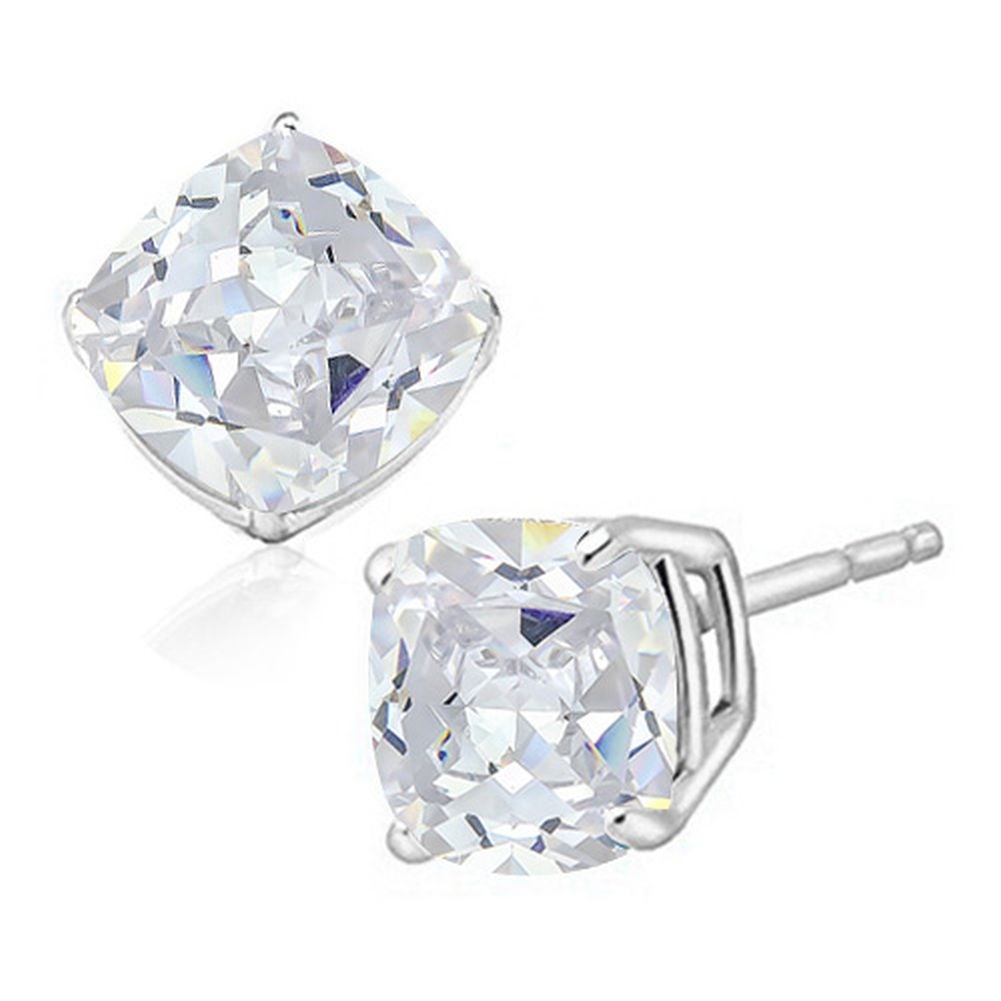 6MM Cushion Cut White Topaz 2CTW Stud Earrings in Sterling Silver: In platinum over .925 sterling silver basket mountings with friction backs included. Contains 2 cushion cut white topaz gemstones with bright white color and excellent clarity,approx. 2CTW, 6mm each.