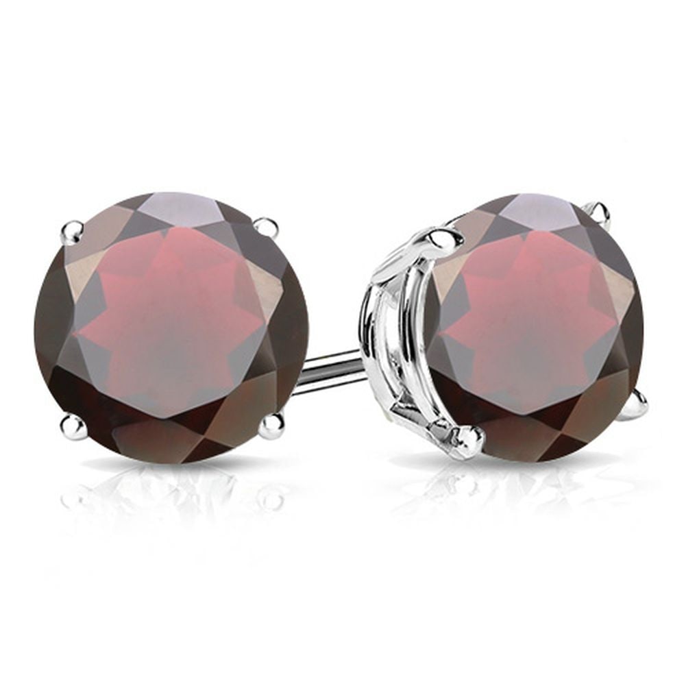 8MM Round Cut Garnet 4.4CTW Stud Earrings in Sterling Silver: In platinum over .925 sterling silver basket mountings with friction backs included. Contains 2 round cut garnet gemstones with excellent color, approx. 4.4CTW, 8mm each. 2.5g