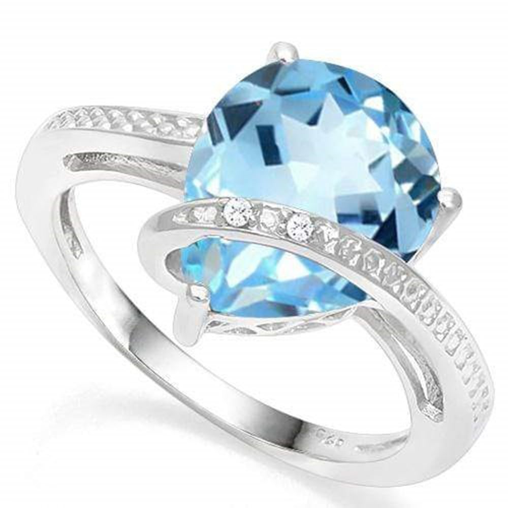 3D 4.5CTW Pear Cut Sky Blue Topaz & Diamond Ring in Platinum over Sterling Silver: In platinum over sterling silver. Contains one pear cut sky blue topaz gemstone, 4.5 carats, with excellent color and clarity accented by 2 genuine diamonds, .01ctw. Size 8. 3.7g