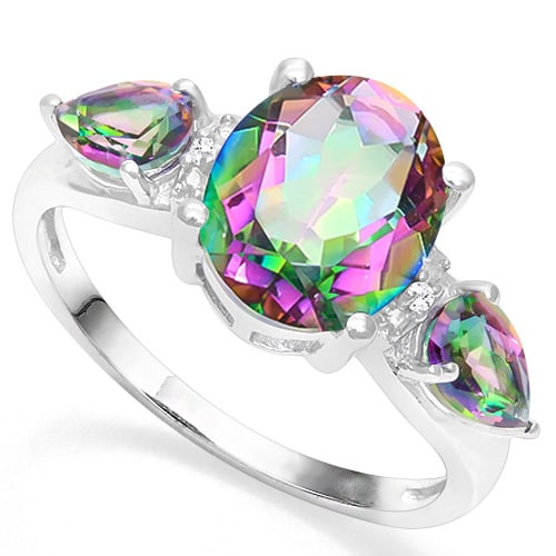 Over 3CT Mystic Topaz & Diamond Ring in Sterling Silver: In platinum over sterling silver. Contains one oval cut 8x10mm Mystic Topaz gemstone flanked by two 4x6mm pear cut mystic topaz gems. Accented with 2 diamonds, .01ctw. Size 8. 2.8g