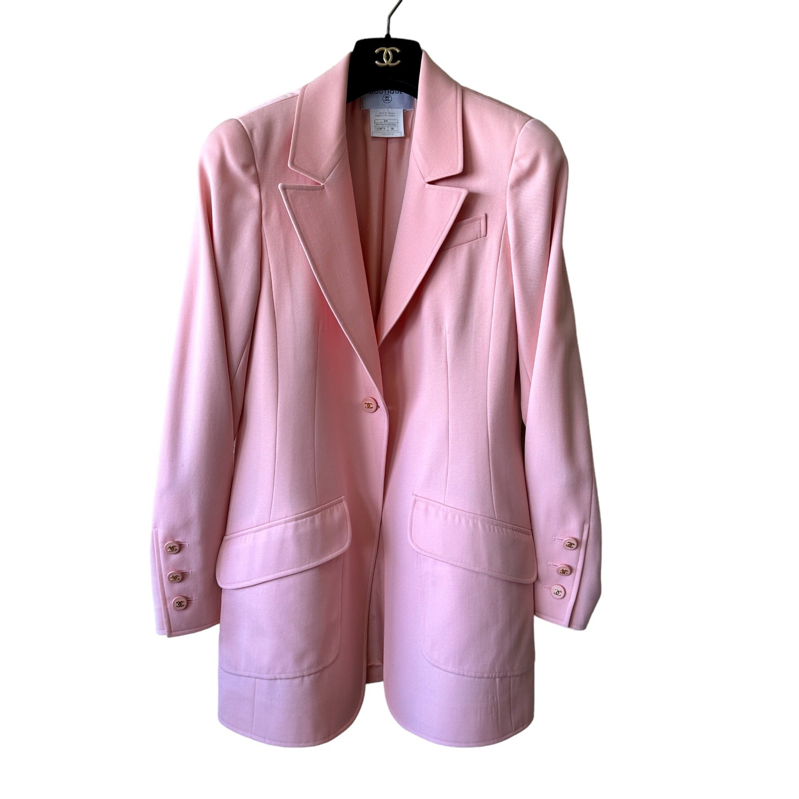 Chanel 97P Barbie Pink Blazer Jacket 38: Size 38 from 97P collection. P07665V05526, AB879. 100% wool with 100% silk lining. Lining has iconic CC logo design. Pink Tonal buttons with gold plated CC logo. Excellent vintage condition with minor
