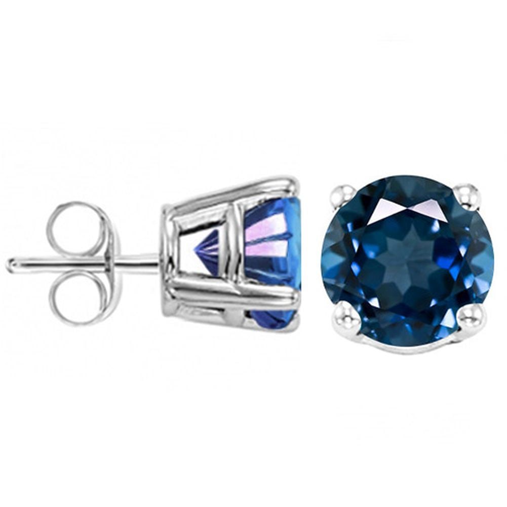 5MM Round Cut London Blue Topaz 1.2CTW Stud Earrings in Sterling Silver: In platinum over .925 sterling silver basket mountings with friction backs included. Contains 2 round cut London blue topaz gemstones with excellent color and clarity, approx. 1.2CTW, 5mm each. 1.0g