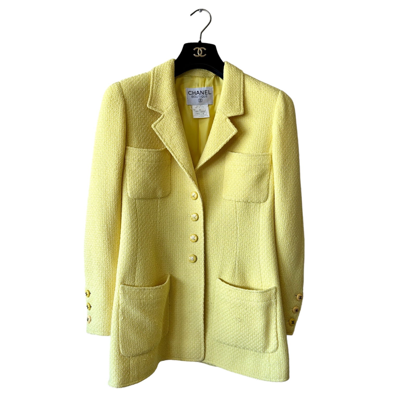 Chanel 97C Bright Yellow Tweed CC Logo Button Blazer Jacket 42: From 97C. P08917V05320, AB602, size 42. 96% wool, 4% nylon. Lining is 100% silk with iconic CC logo design. Gold plated CC logo buttons are tonal yellow with quilted matalese design (some buttons have