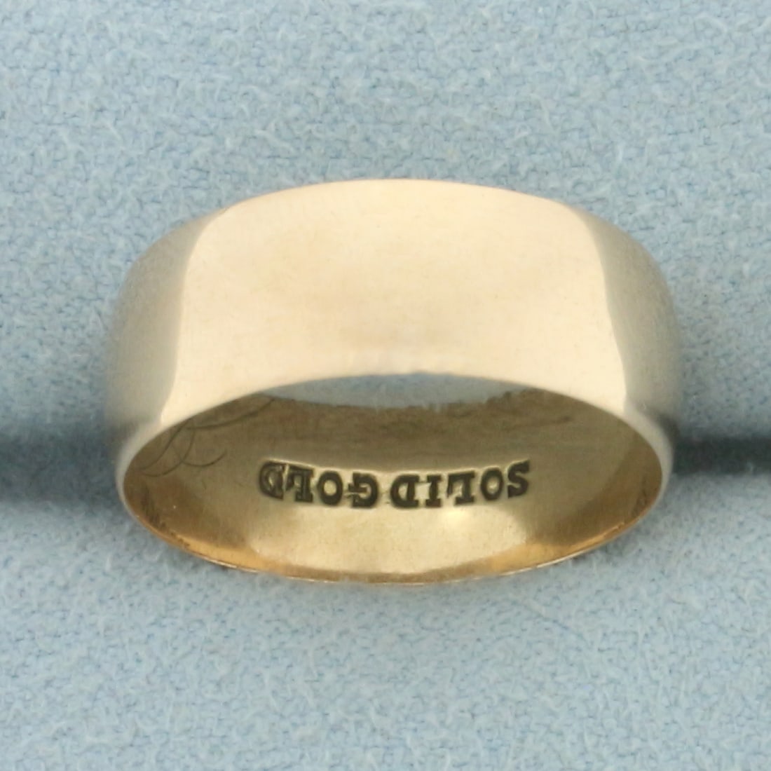 Antique Wide Cigar Band High Polish Ring in 14k Yellow Gold: In 14k yellow gold. 7.2mm wide. Hand antique engraving inside (initials J.W.B.), can be removed upon request. 3.3g.