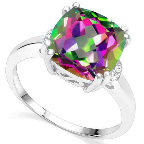 3.8CT Cushion Cut Mystic Topaz & Diamond Statement Ring in Sterling Silver: Platinum over sterling silver. Contains one 3.8ct cushion cut mystic topaz gemstone accented with two diamonds, .01ctw. Size 8. 3.2g