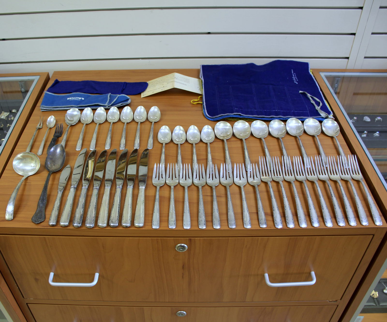 45 Piece Gorham Camellia Sterling Flatware Set with Chest: In .925 Sterling Silver. One ladle, 6 1/4 inch. One sugar spoon, 6 inch. Seven soup spoons, 6 1/8 inch. Ten tea spoons, 5 3/4 inch . One snail fork, 5 3/4 inch. Eight salad forks, 6 1/6 inch long. Nin