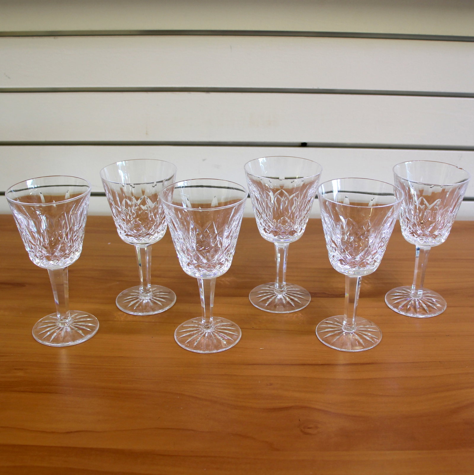 Waterford Lismore Claret Wine Glasses Set of 6: Old Gothic "Waterford" markings. 6 claret wine glasses, 5 7/8 inches. 2 of 6 have minor chips on rim.
