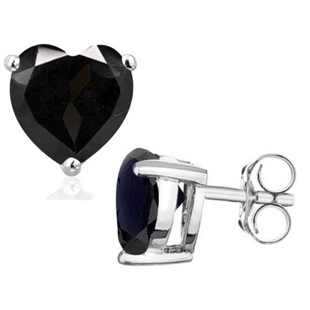 6MM Heart Cut Midnight Sapphire 2CTW Stud Earrings in Sterling Silver: In platinum over .925 sterling silver basket mountings with friction backs included. Contains 2 heart cut genuine midnight sapphire gemstones with deep blue/black color,approx. 2CTW, 6mm each. 1.3g
