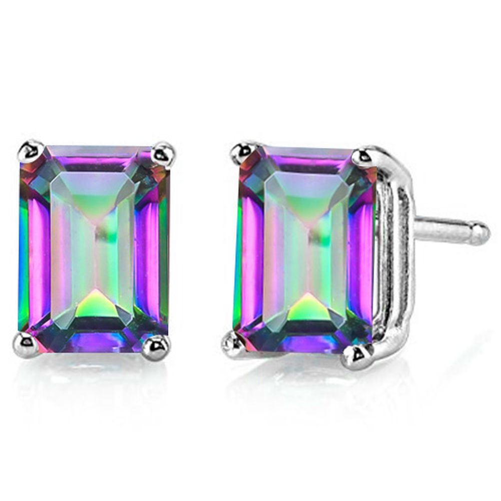 7x5MM Emerald Cut Mystic Topaz 2CTW Stud Earrings in Sterling Silver: In platinum over .925 sterling silver basket mountings with friction backs included. Contains 2 emerald cut mystic topaz gemstones with excellent color and clarity,approx. 2CTW, 7x5mm each. 1.4g