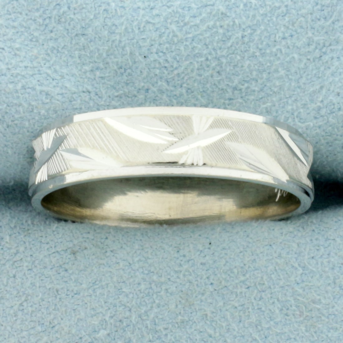 Mens Diamond Cut Band Ring in 14K White Gold: In 14K White Gold. Size 12 3/4, 5.6mm wide. 4.8g.