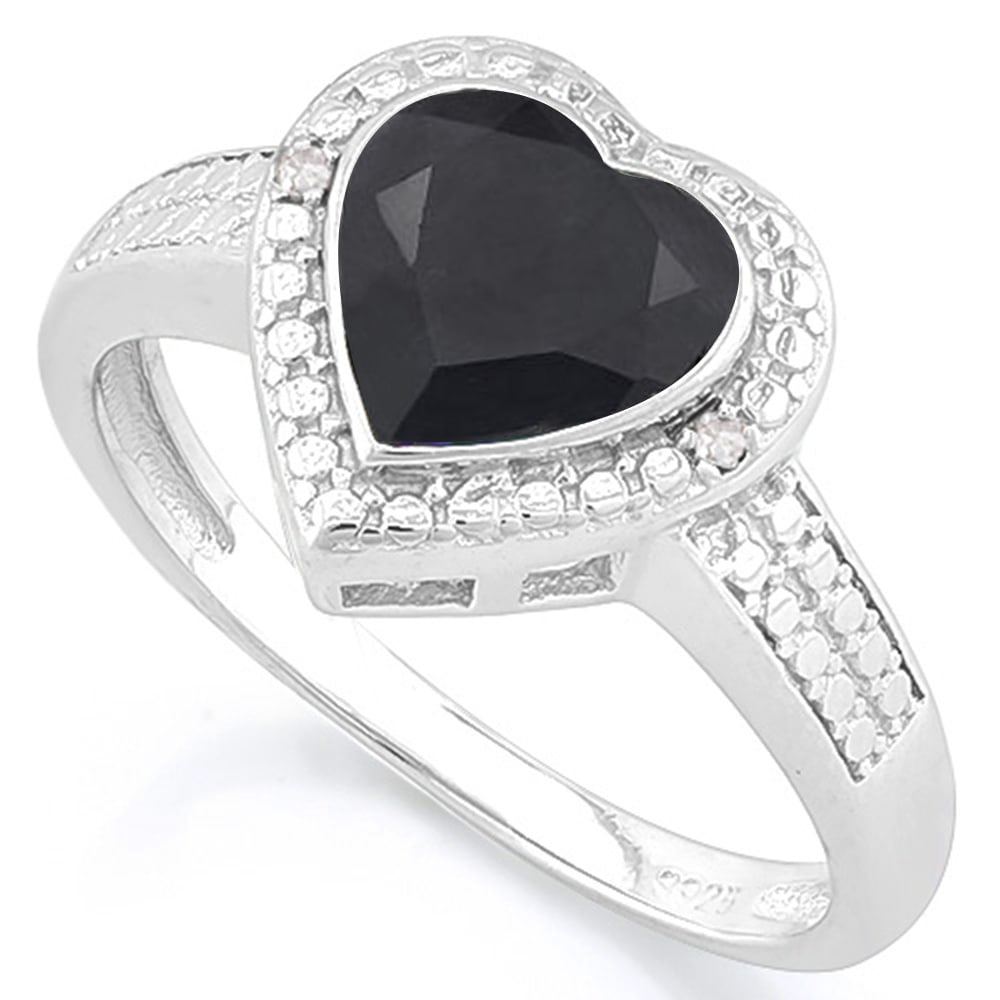 7MM Heart Cut Rustic Midnight Sapphire and Diamond Halo Ring in Platinum over Sterling Silver: In platinum over sterling silver. Contains one heart cut rustic genuine midnight sapphire, 7mm, 1.7cts, with deep color and rustic cut. Accented with 2 genuine diamonds, .01ctw. Size 8. 3.0g